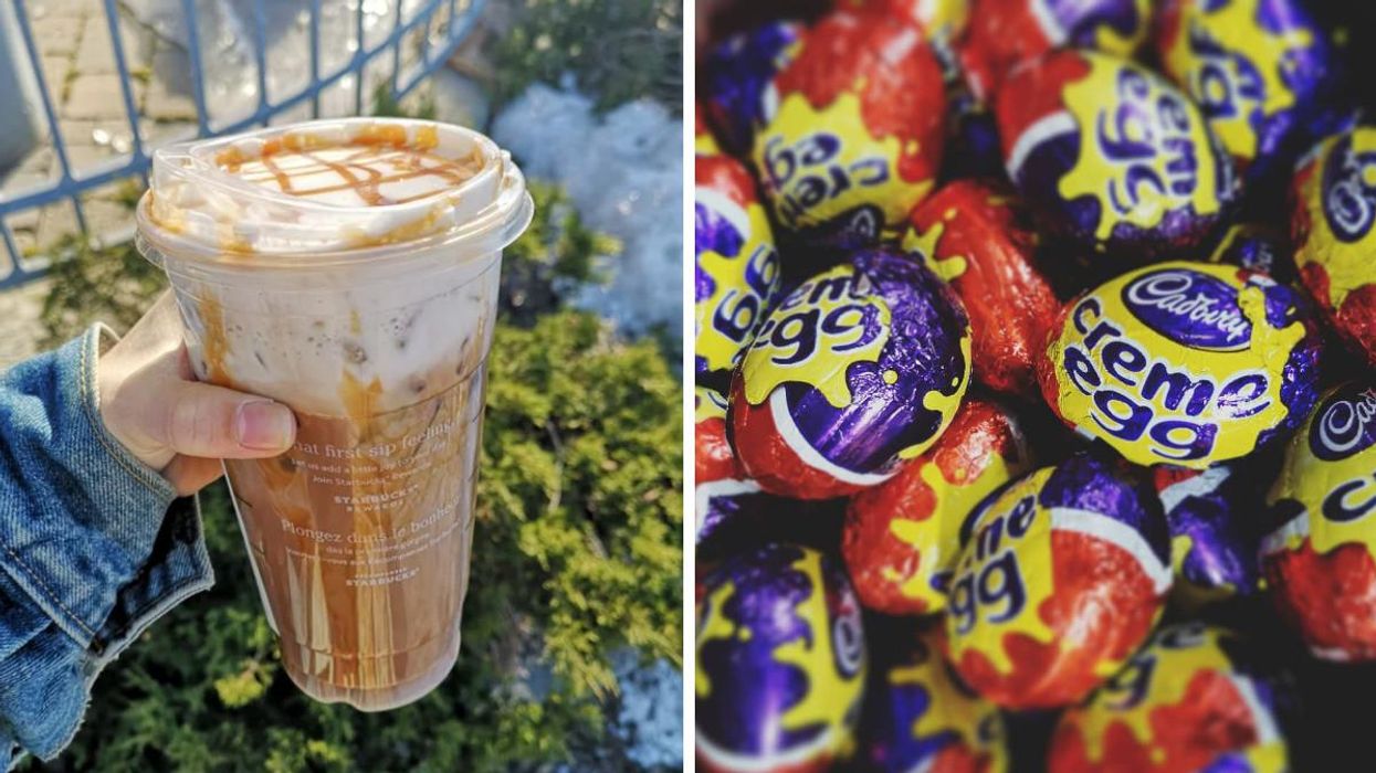 Boisson secrète au Cadbury Creme Egg de Starbucks. Droite : Chocolats Cadbury Creme Egg.