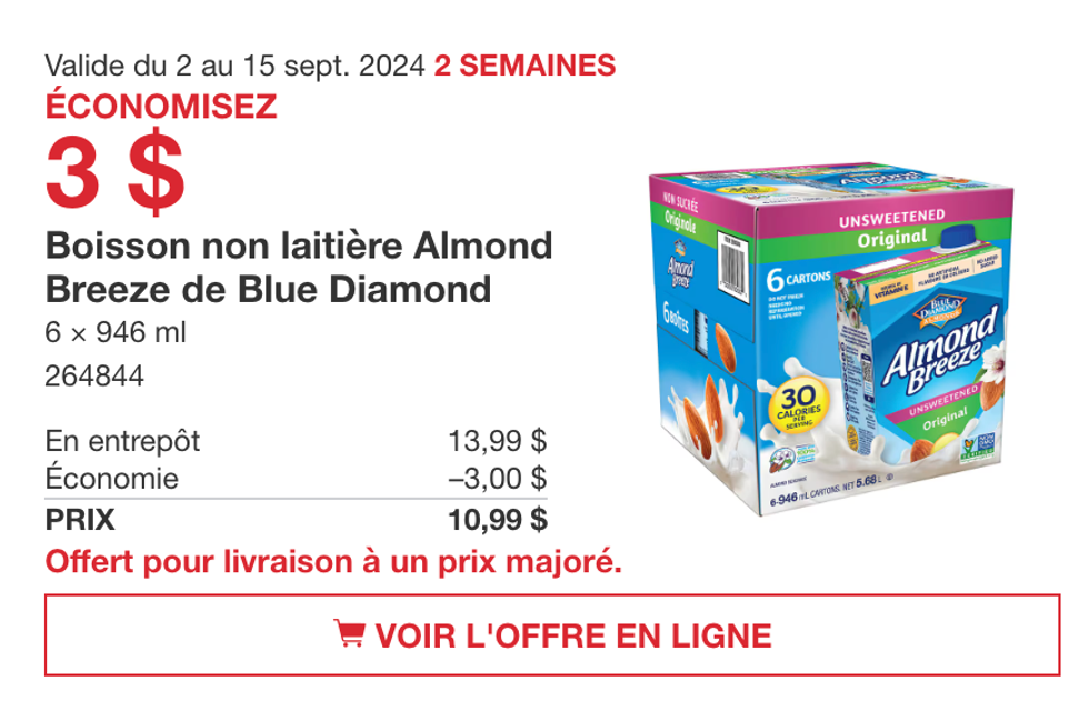 Boissons Almond Breeze de Blue Diamond en rabais chez Costco.