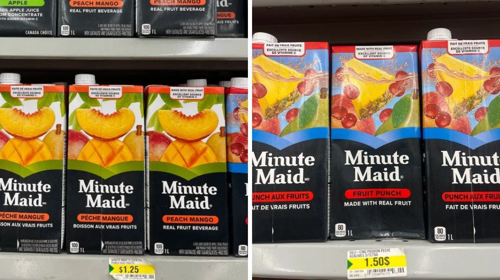 Boissons au jus de Minute Maid \u00e0 1,25 $. Droite : Boissons au jus de Minute Maid \u00e0 1,50 $.