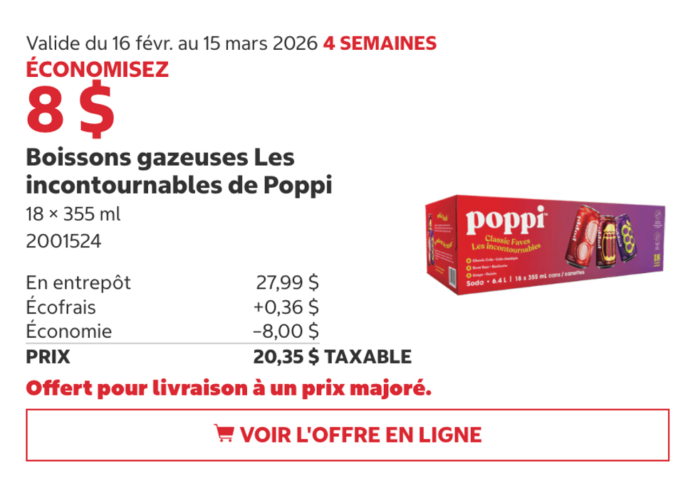 Boissons gazeuses Les incontournables de Poppi 18 x 355 ml sur le site de Costco