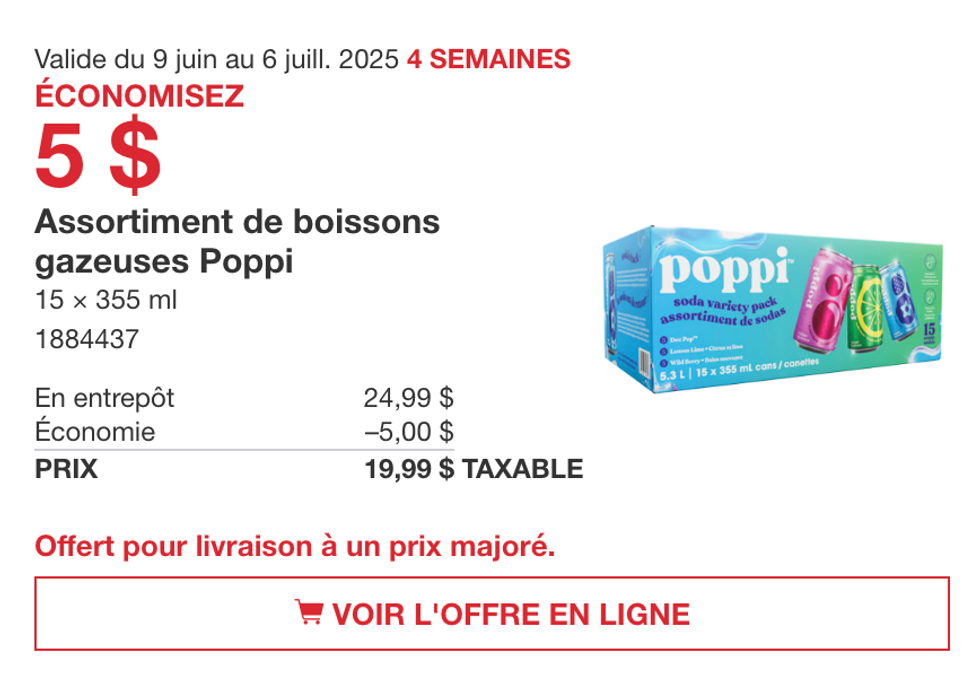 Boissons gazeuses Poppi en rabais dans la circulaire du Costco jusqu'au 6 juillet 2025.