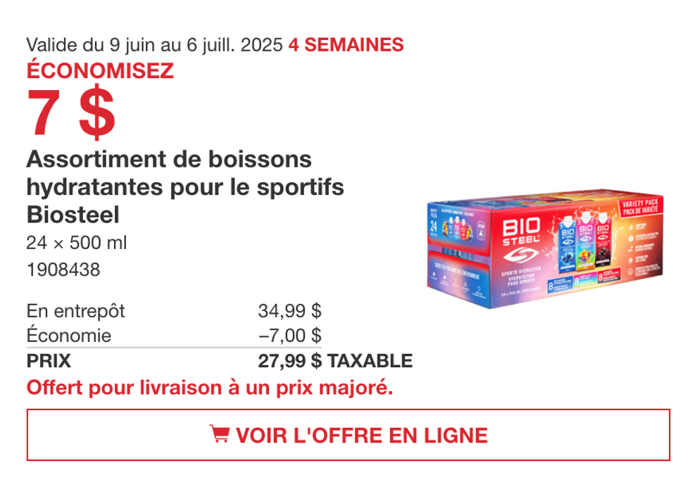 Boissons hydratantes Biosteel en rabais dans la circulaire du Costco jusqu'au 6 juillet 2025.