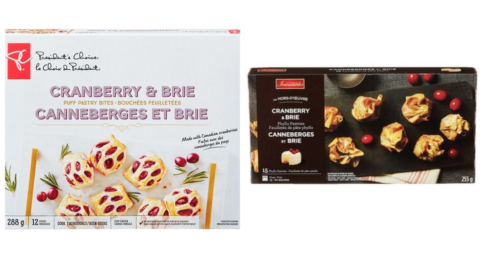 Boite blanche de feuillet\u00e9s au brie et aux canneberges le Choix du Pr\u00e9sident sur fond blanc. Droite : Boite noire de feuillet\u00e9s au brie et aux canneberges Irresistibles sur fond blanc.