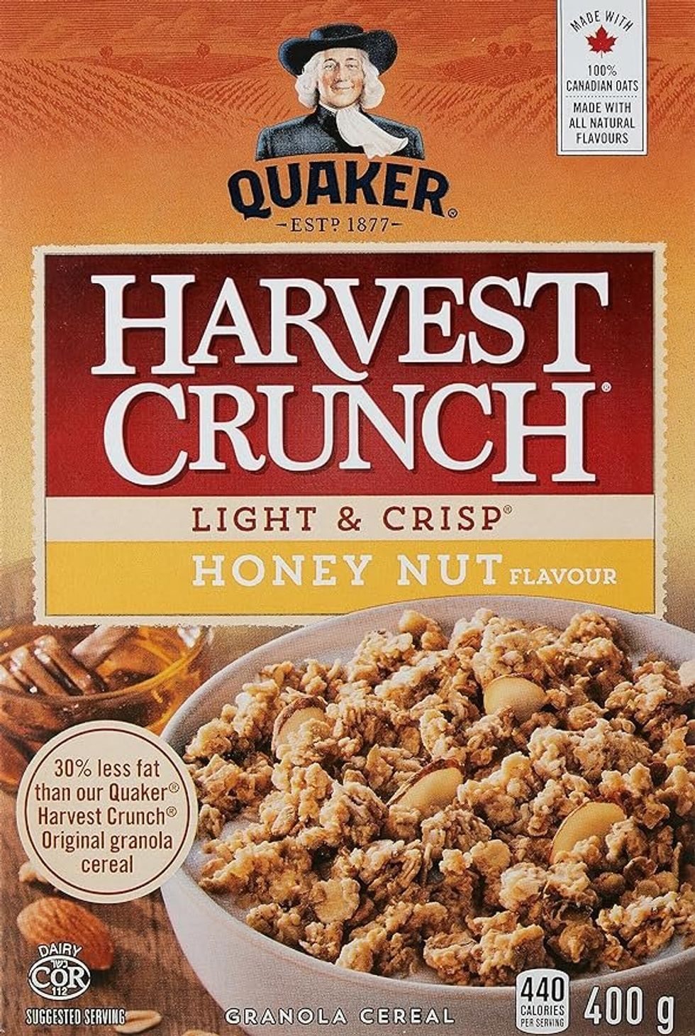 Boite de c\u00e9r\u00e9ales granola Croque Nature, saveur miel et noix de Quaker.