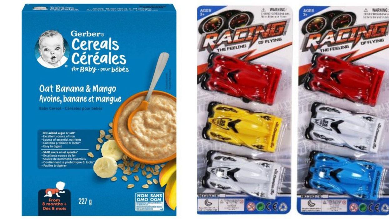 Boîte de céréales pour bébés Gerber banane et mangue. Droite : Les voitures de course « Racing - The Feeling of Flying »