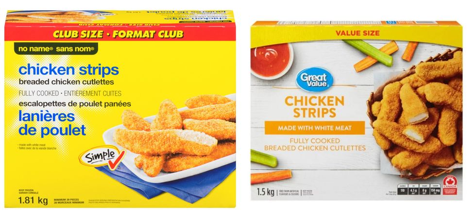 Boite de lani\u00e8re de poulet format club Sans nom. Droite : Boite de Lani\u00e8re de poulet format club Great Value.