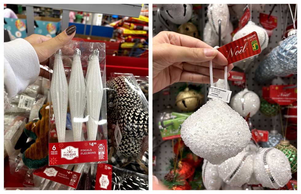 Boite de six ornements blancs scintillants. Droite : Un ornement blanc scintillant.