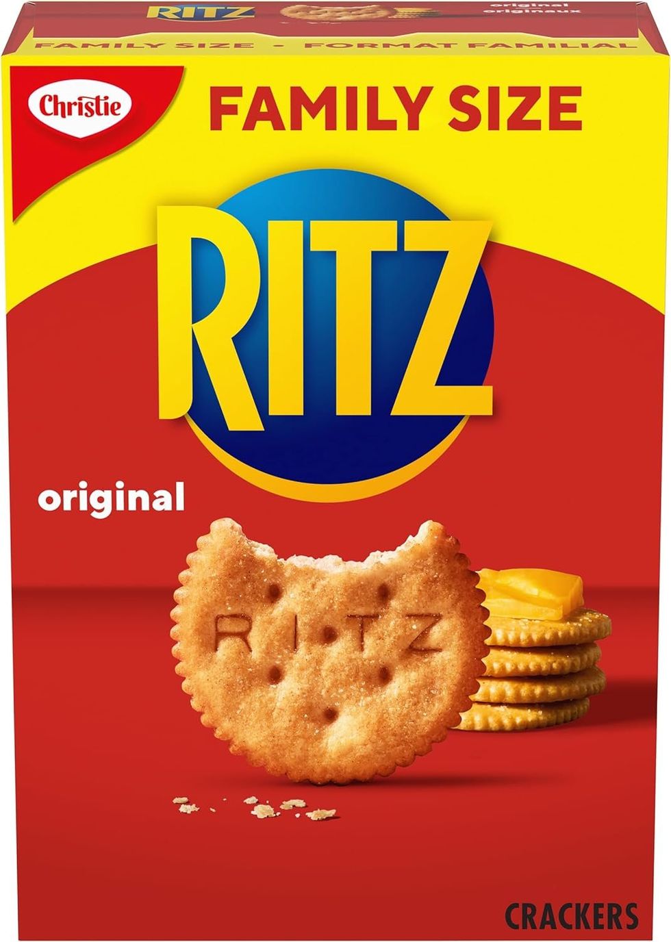 Boite rouge et jaune de craquelins Ritz Originaux sur fond blanc.