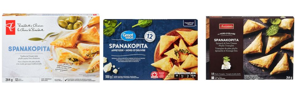 Boites d'hors d'oeuvres spanakopita des marques le Choix du Pr\u00e9sident, Great Value et Irresistibles.