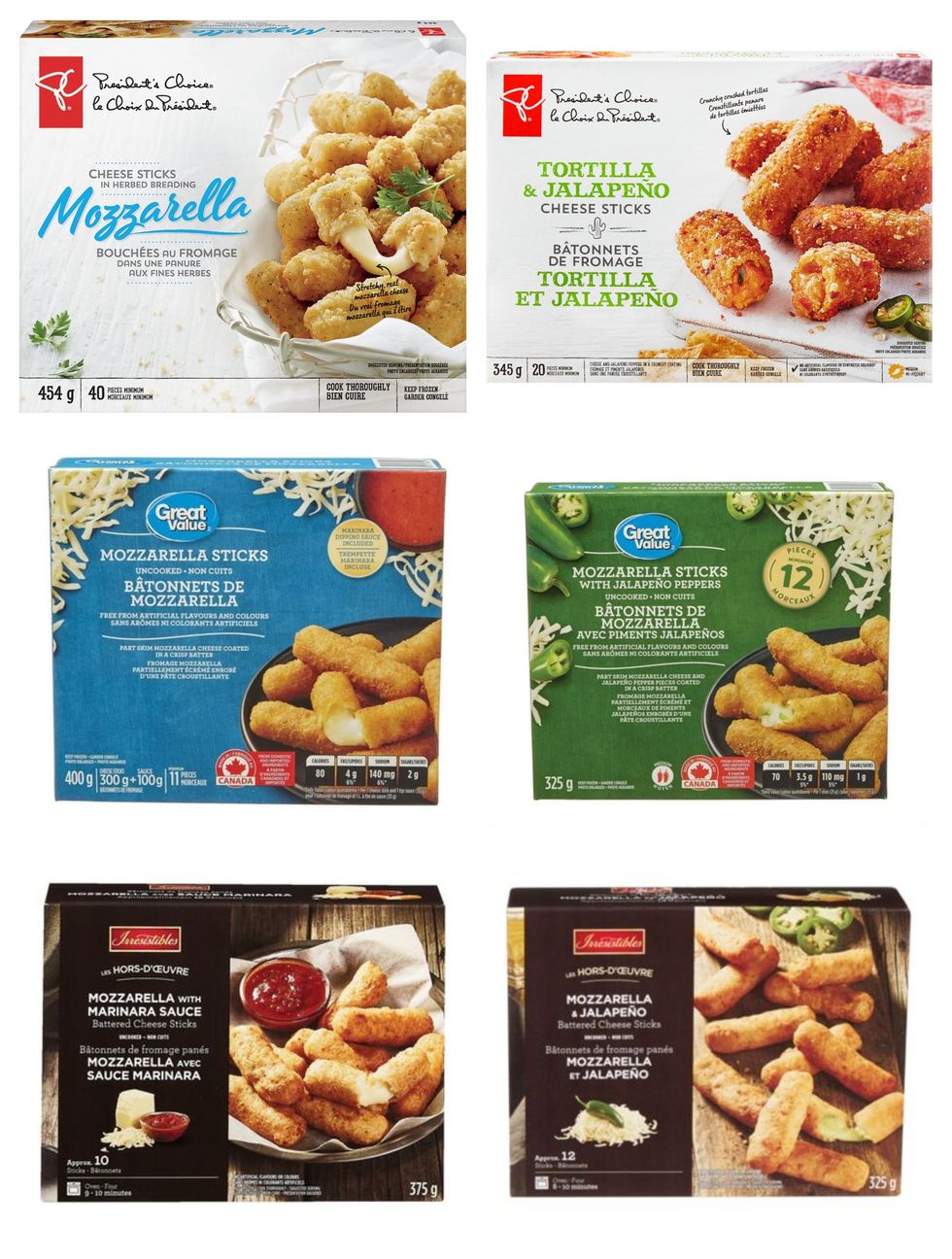 Boites de b\u00e2tonnets de mozzarella pann\u00e9s des marques le Choix du Pr\u00e9sident, Great Value et Irresistibles. Droite : Boites de b\u00e2tonnets de mozzarella pann\u00e9s au jalapeno des marques le Choix du Pr\u00e9sident, Great Value et Irresistibles.