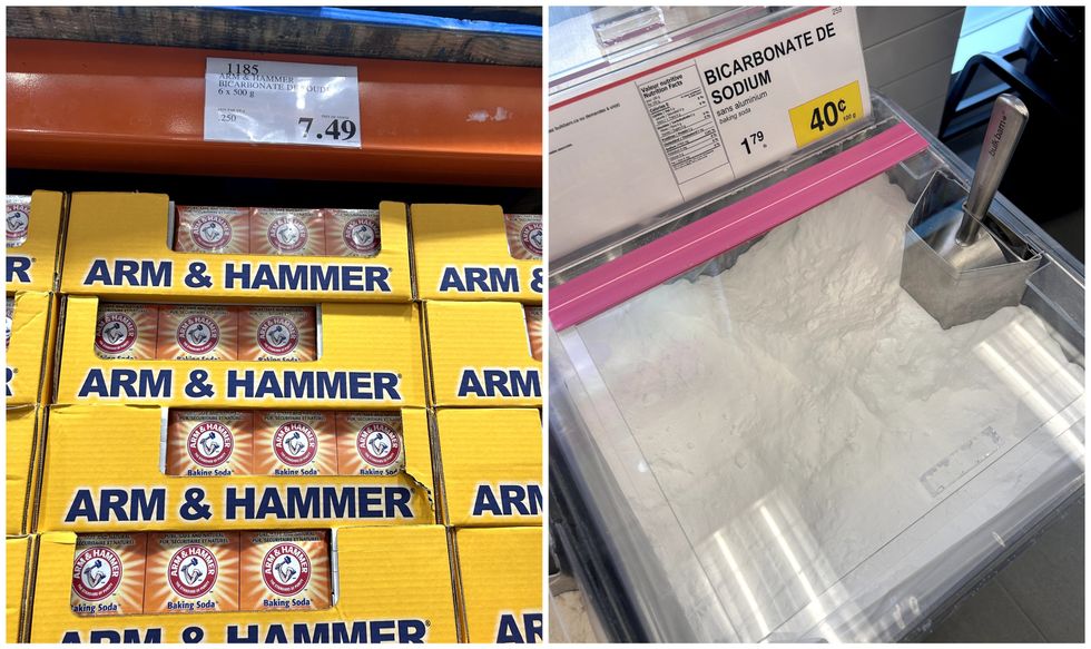 Boites de bicarbonate de soudre Arm & Hammer \u00e0 vendre au Costco. Droite : Bicarbonate de soudre en vrac \u00e0 vendre au Bulk Barn.