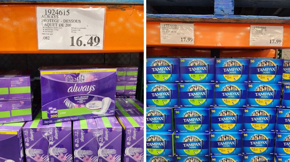 Boites de prot\u00e8ges-dessous de la marque Always. Droite : Boites de Tampax.