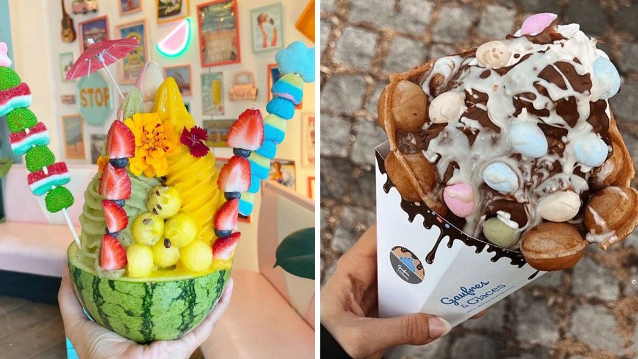 Bol dans un melon du Blueboy. Droite : Cornet dans une gaufre du Gaufres & Glaces.