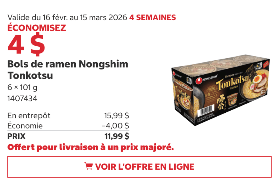 Bols de ramen Nongshim Tonkotsu 6 x 101 g sur le site de Costco