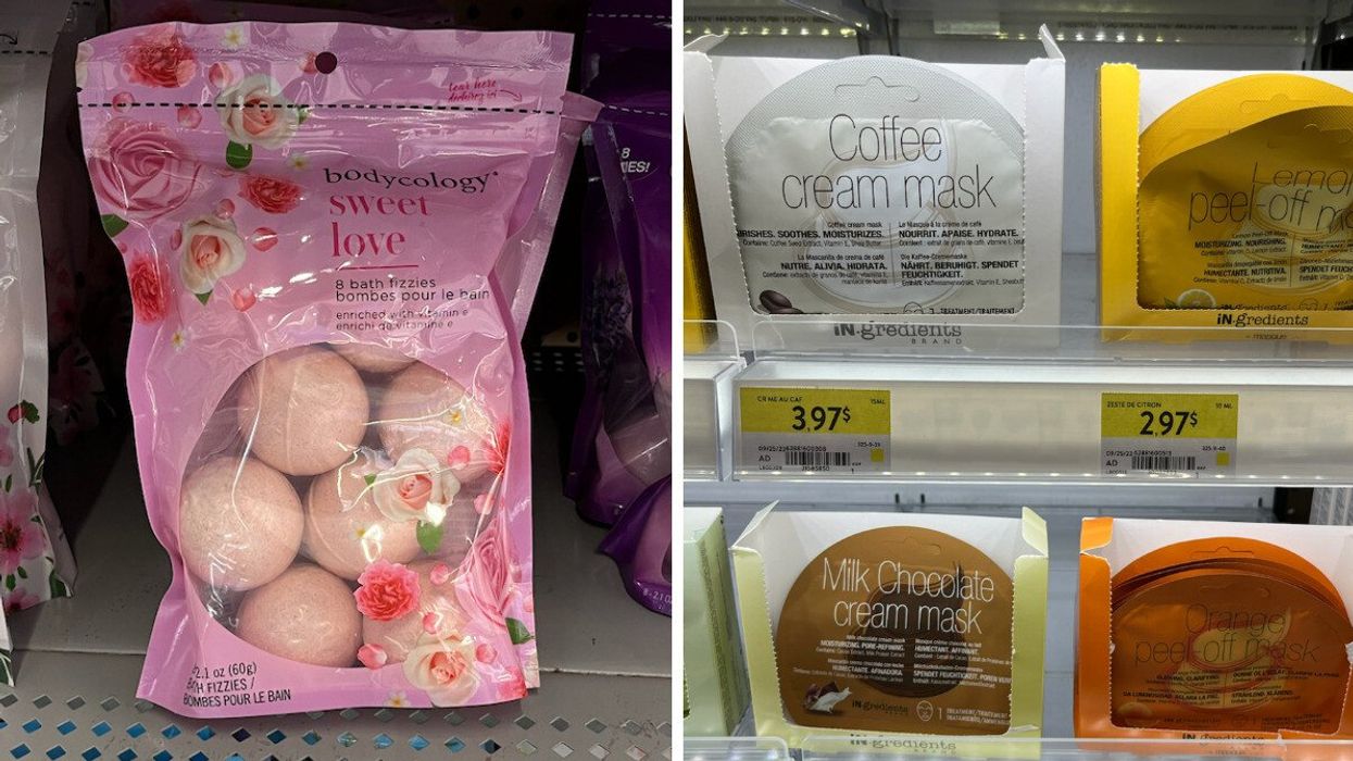Bombes de bain rose sur une tablette. Droite : Masques pour le visage sur une tablette.