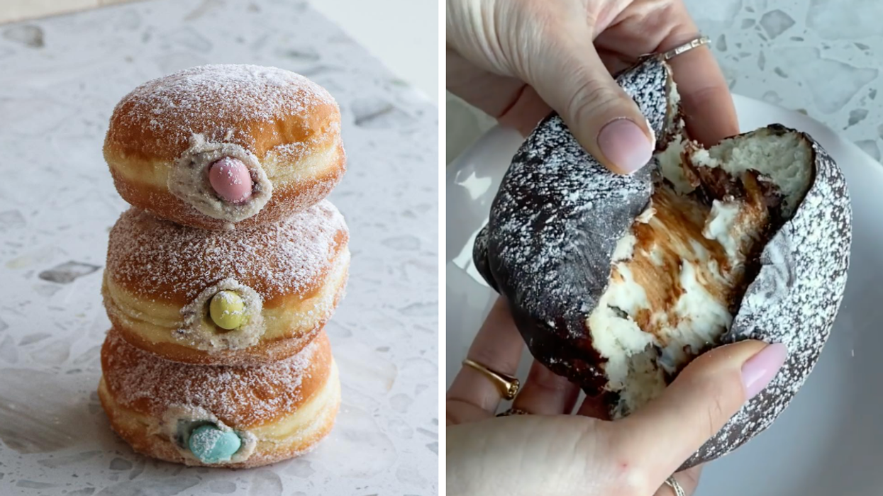 Bomboloni aux Mini Eggs. Droite : Bomboloni Nutella ricotta coco.