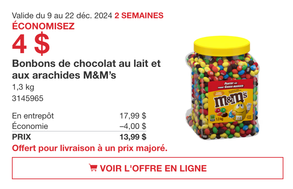 Bonbons de chocolat au lait et aux arachides M&M's en rabais sur le site de Costco Canada.