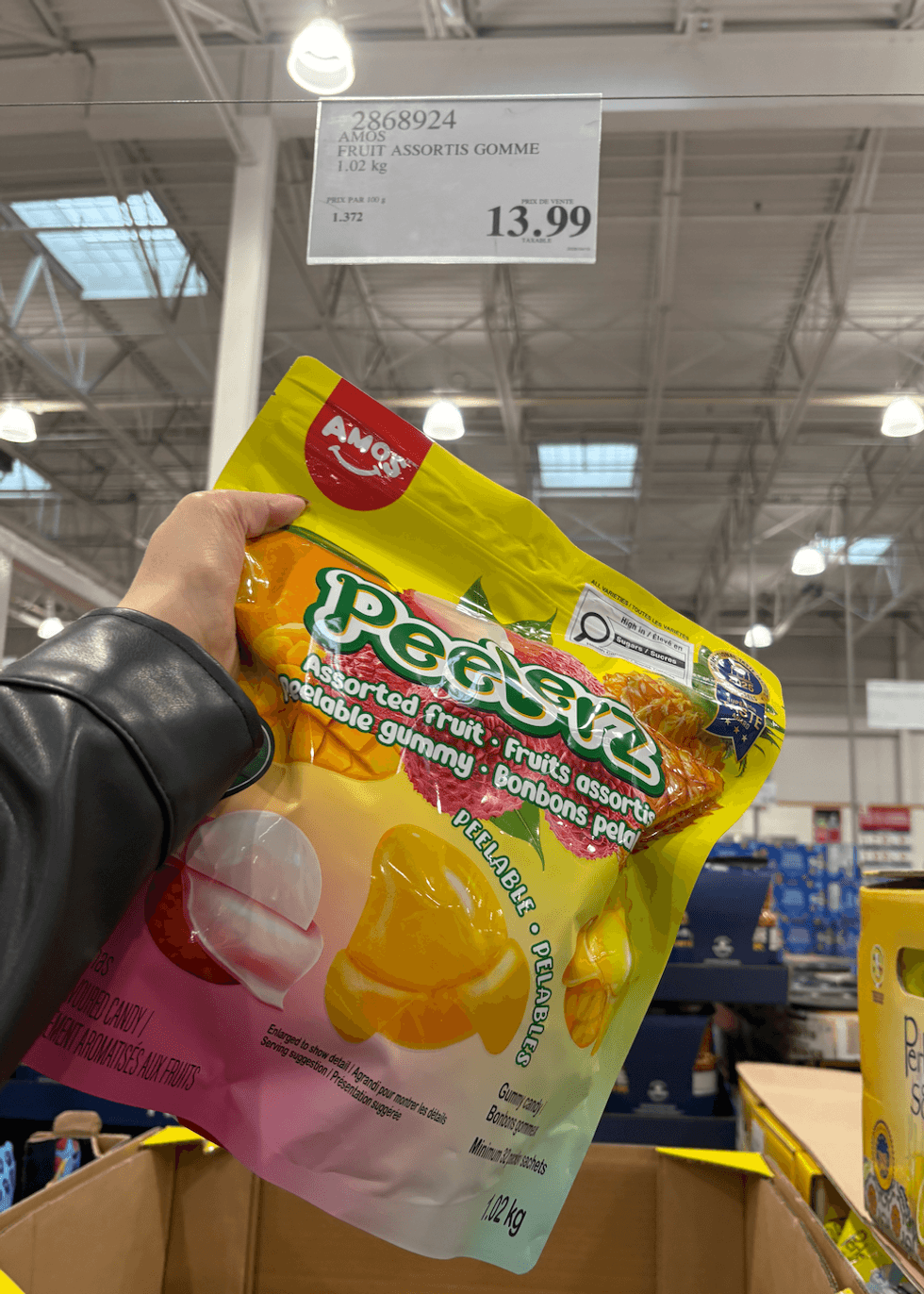 Bonbons g\u00e9lifi\u00e9s Amos Peelerz aux fruits assortis avec texture pelable, au Costco.