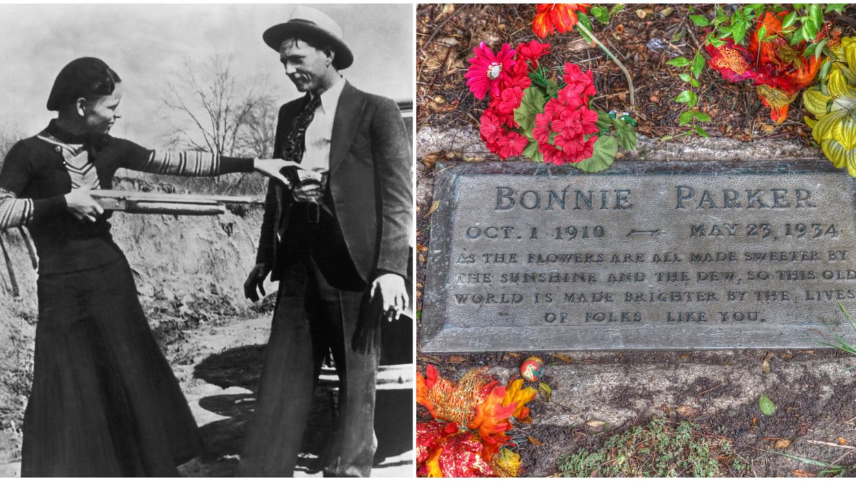 Bonnie Parker points a gun at Clyde Barrow. Right: The gravesite of Bonnie Parker.