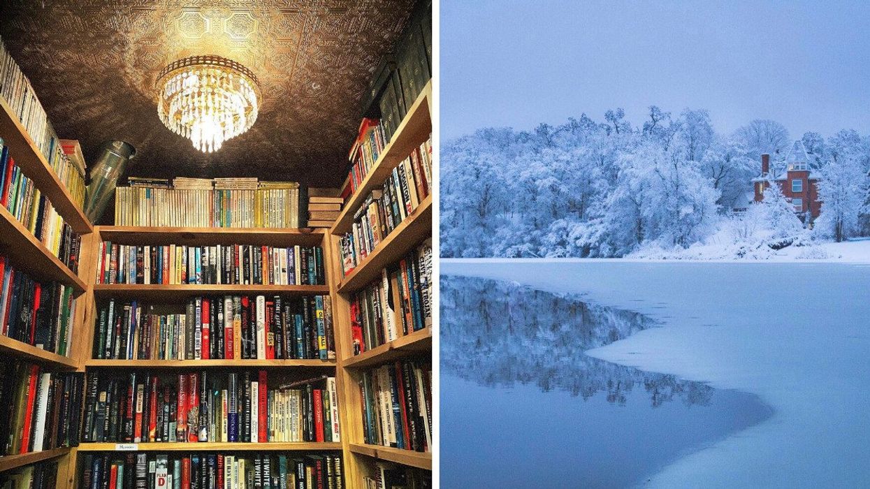 Books in a store. Right: Snowy landscape.