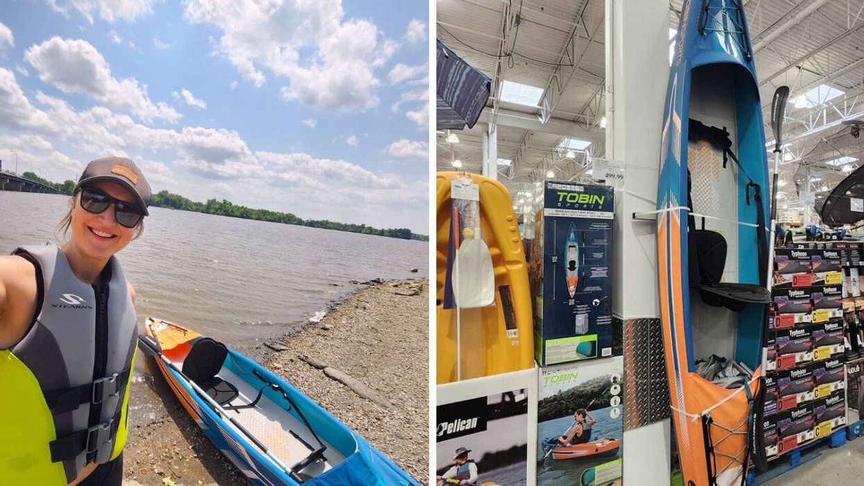 Bord de l'eau avec un kayak et une personne. Droite: kayak gonflable.