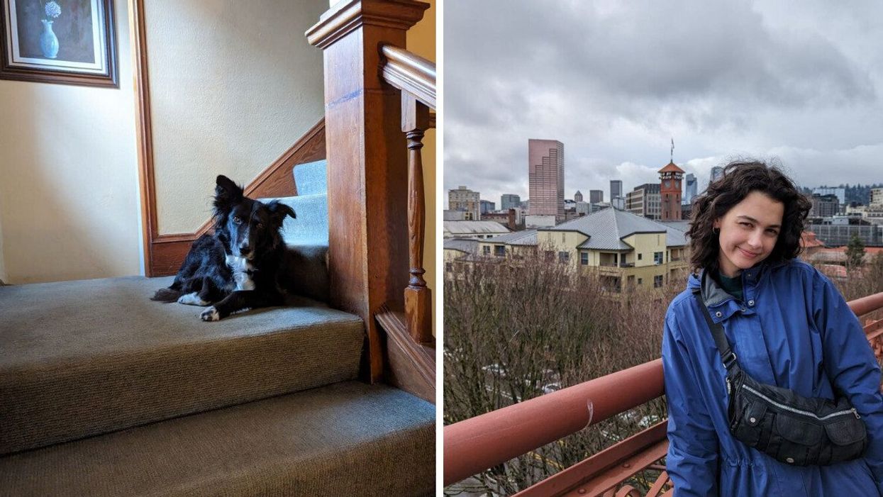 Border collie. Right: Sierra Riley on the Fremont Bridge.