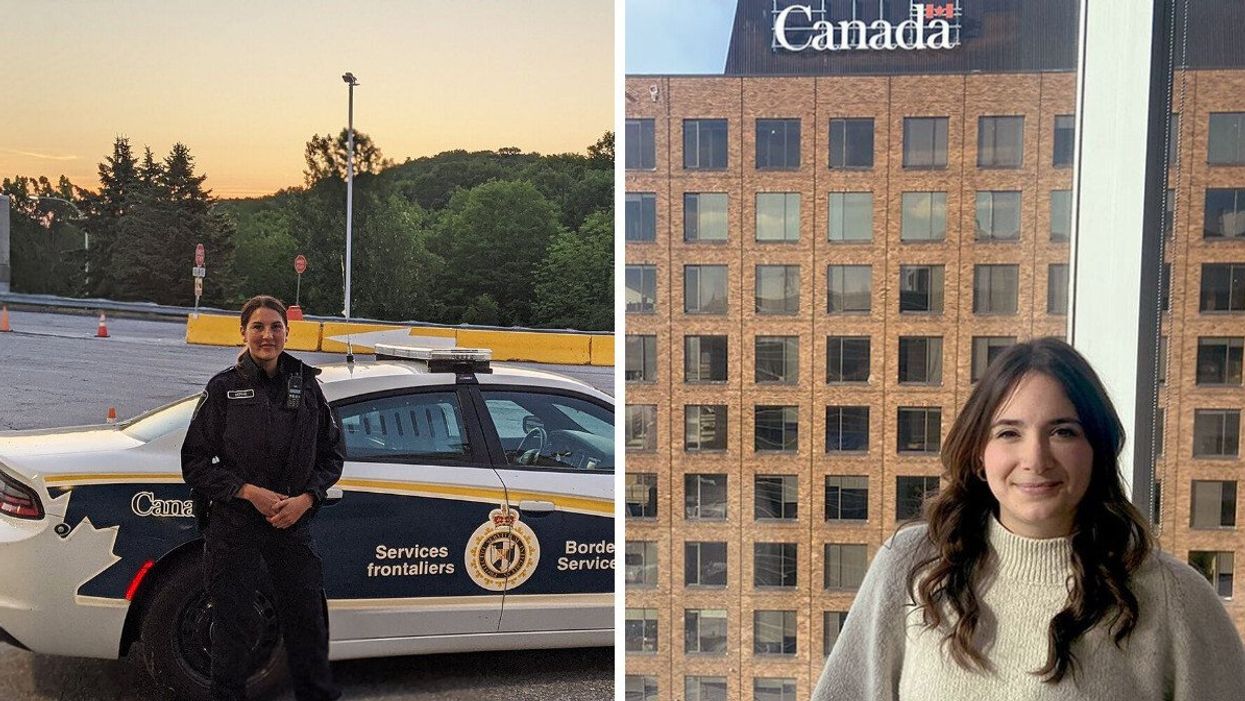 Border Services Officer with CBSA. Right: Federal worker with a government of Canada building behind them.