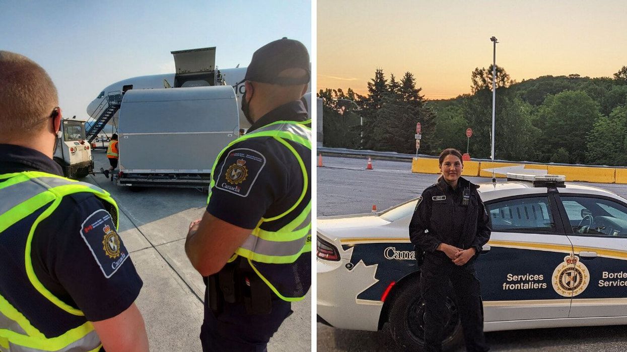 border services officers on airport tarmac. right: border services officer with car at land border