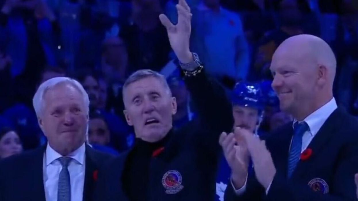 Börje Salming being honored at a Toronto Maple Leafs game on November 11, 2022.