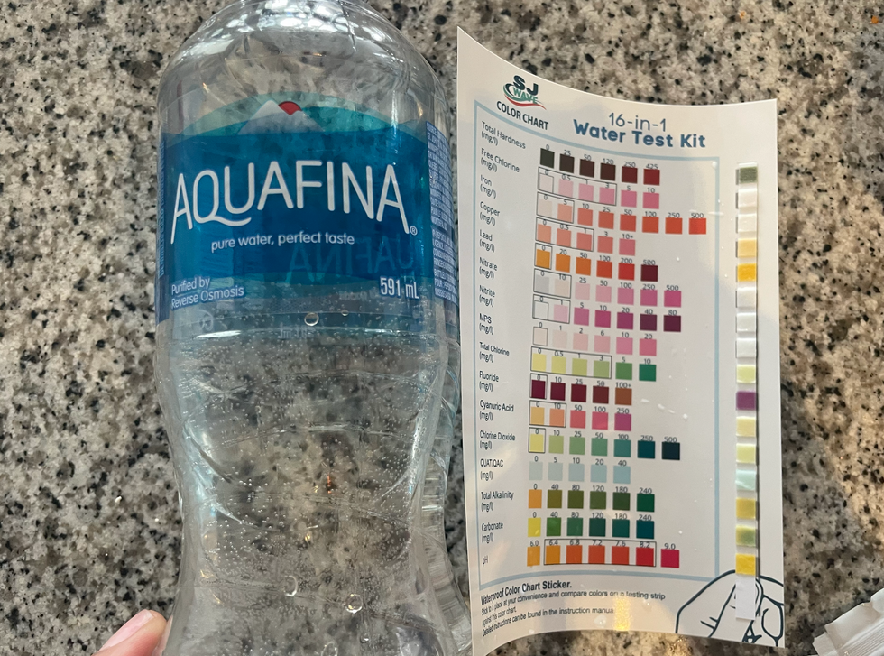 bottle of Aquafina water next to the results of the water test