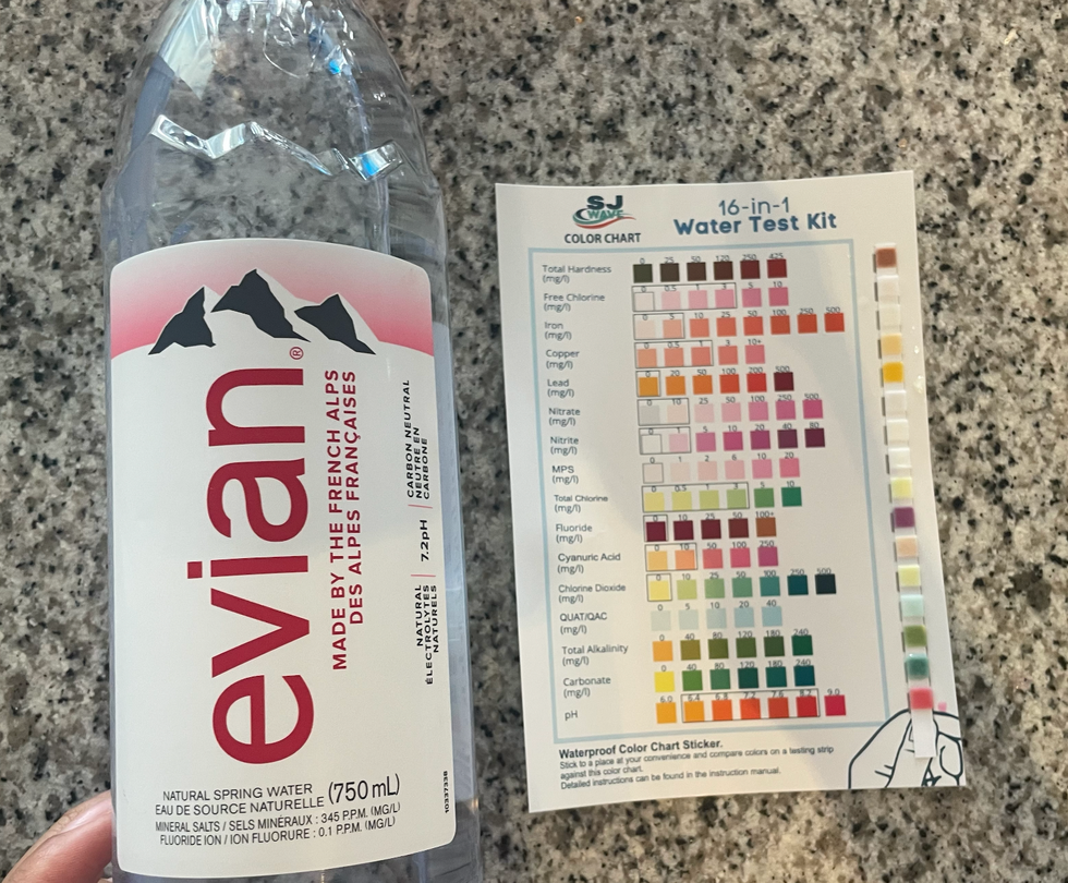 bottle of Evian water next to the results of the water test