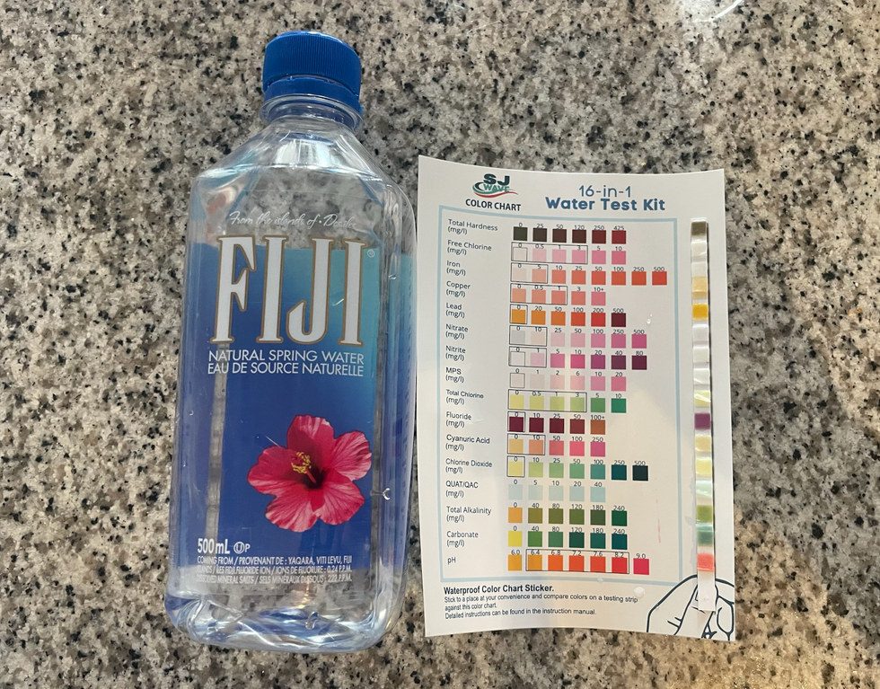 bottle of Fiji water next to the results of the water test