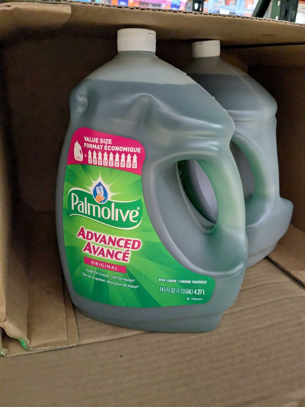Bottle of Palmolive dishwashing soap on a shelf
