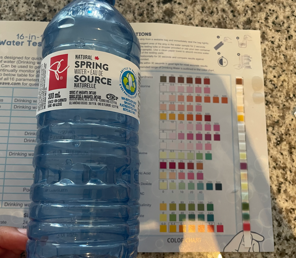 bottle of PC water next to the results of the water test