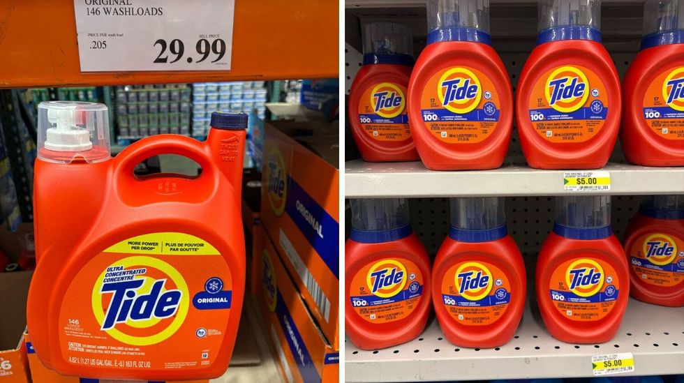 bottle of Tide laundry detergent at Costco. right: bottles of Tide laundry detergent at dollarama