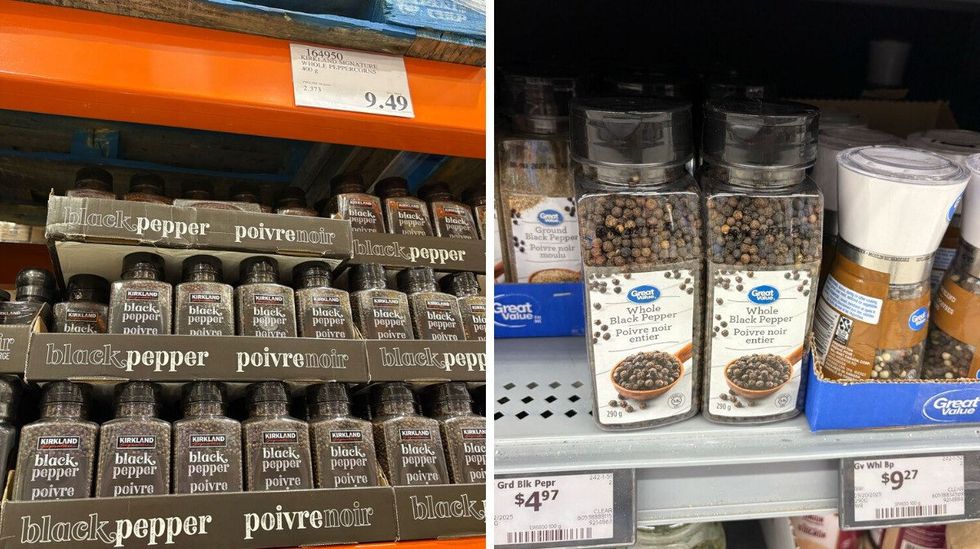 bottle of \u200bKirkland Signature whole black pepper. Right: bottle of Great Value whole black pepper.