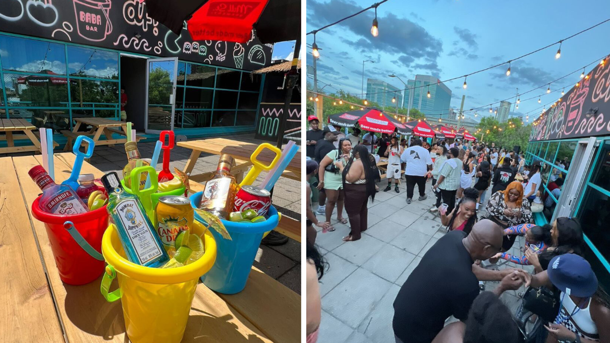 Bottle service in beach buckets. Right: View of new rooftop patio in Ottawa's Little Italy.