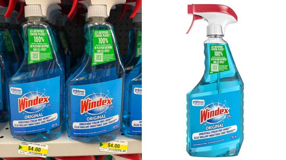 Bottles of blue liquid with a red label Windex. Right: A bottle with blue liquid and a red label Windex.