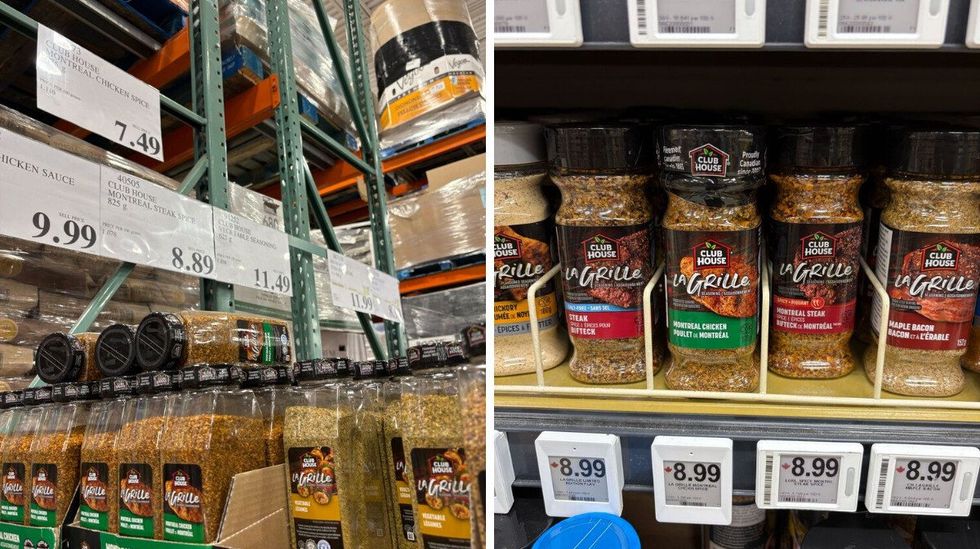 bottles of club house la grille montreal chicken seasoning at costco. right: bottles of club house la grille montreal chicken seasoning on shelf at loblaws