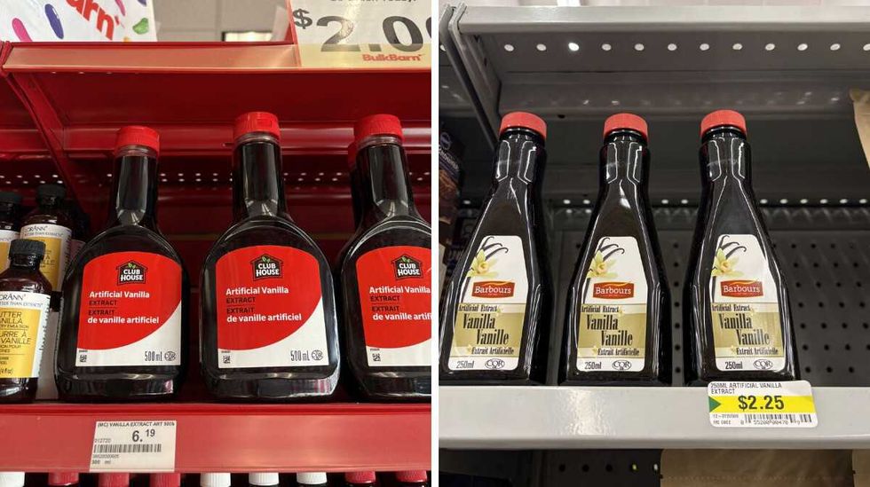 bottles of Club House vanilla extract at Bulk Barn. Right: bottles of Vanilla extract at Dollarama.