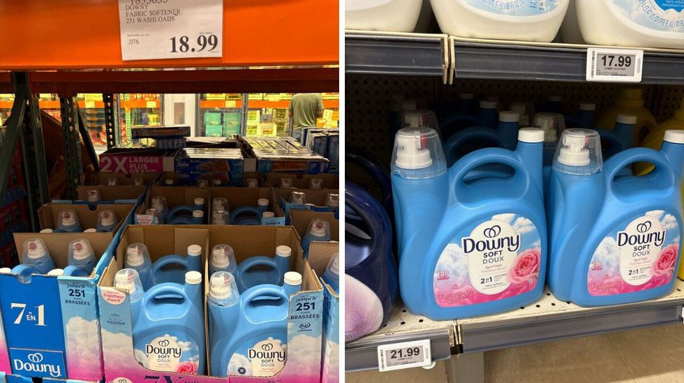bottles of downy fabric softener at costco. right: bottles of downy fabric softener on shelf at loblaws