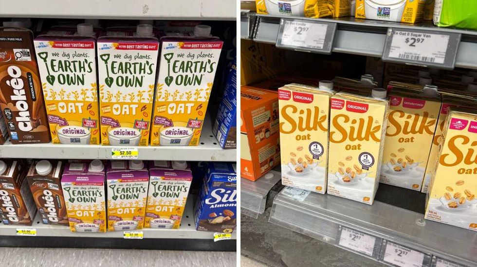 bottles of Earth's Own oat beverage at Dollarama. Right: bottles of Silk oat beverage at Walmart.