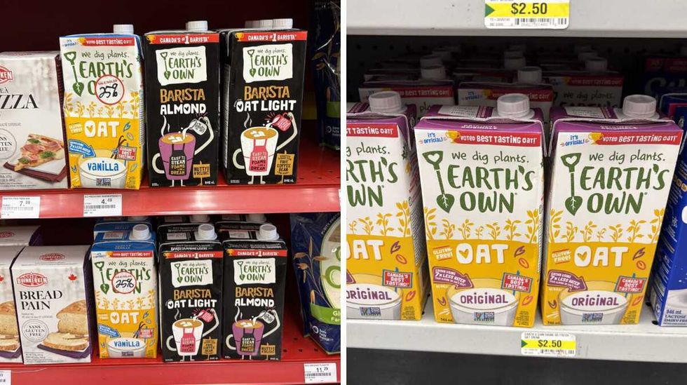 bottles of Earth's Own oat beverage \u200bat Bulk Barn. Right: bottles of Earth's Own oat beverage at Dollarama.