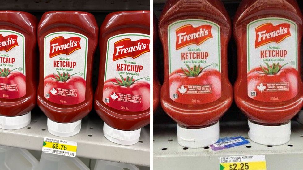 bottles of french's ketchup on dollarama shelf in 2025. right: bottles of french's ketchup on dollarama shelf in 2023