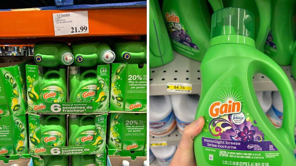 bottles of gain laundry detergent at costco. right: person holding bottle of gain laundry detergent at dollarama