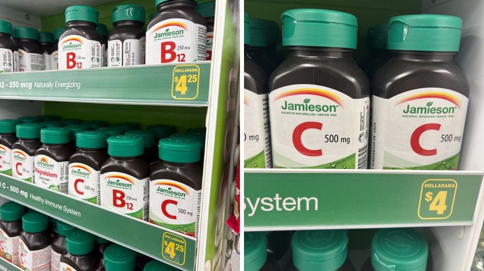 bottles of jamieson vitamin c at dollarama in 2025. right: bottles of jamieson vitamin c at dollarama in 2023