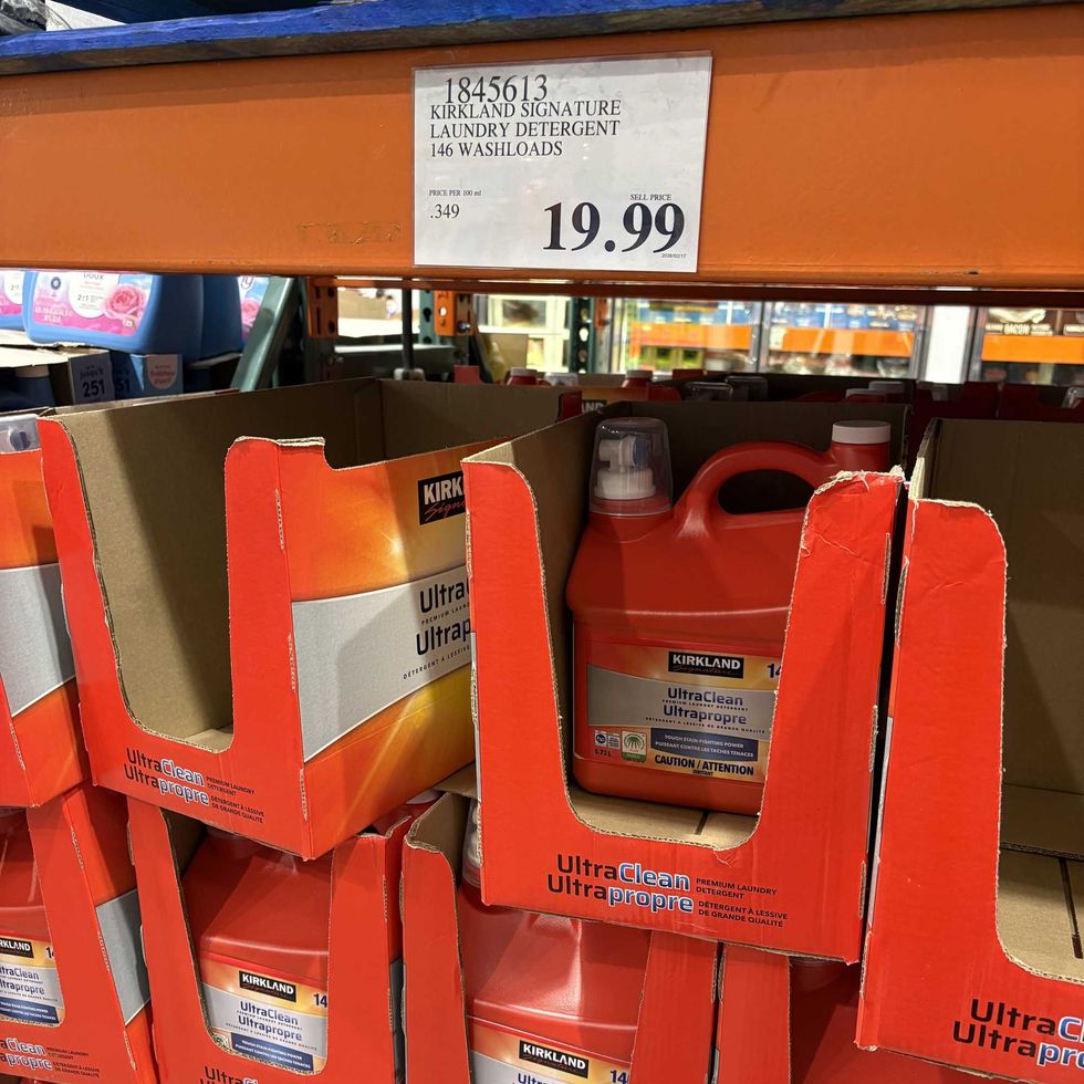 bottles of Kirkland Signature laundry detergent at costco