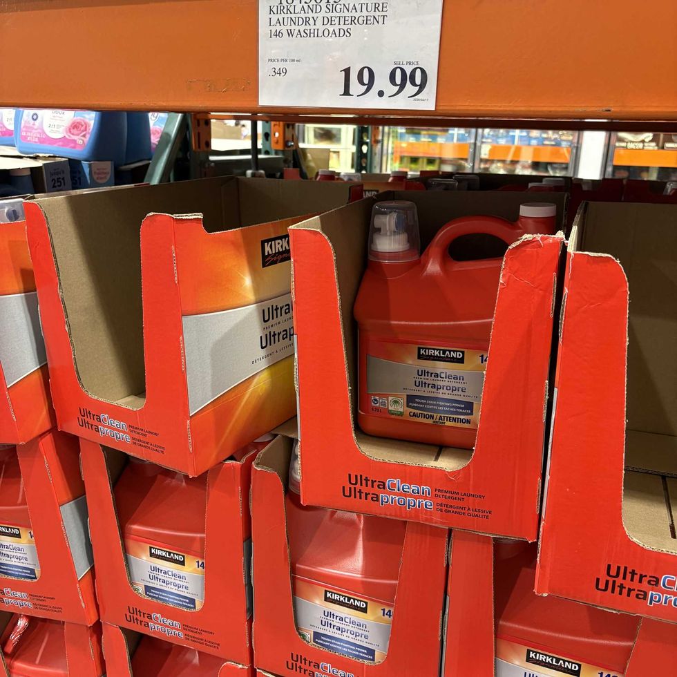 bottles of Kirkland Signature liquid laundry detergent at costco