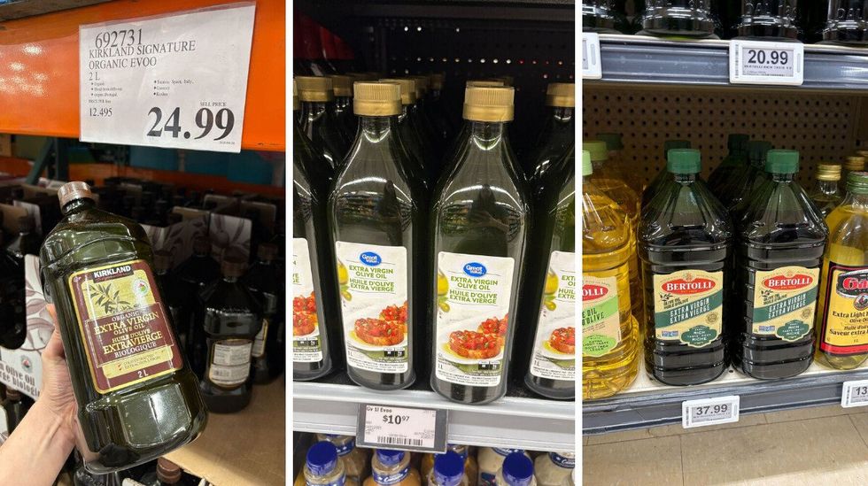 bottles of kirkland signature olive oil. centre: bottles of great value olive oil. right: bottles of bertolli olive oil