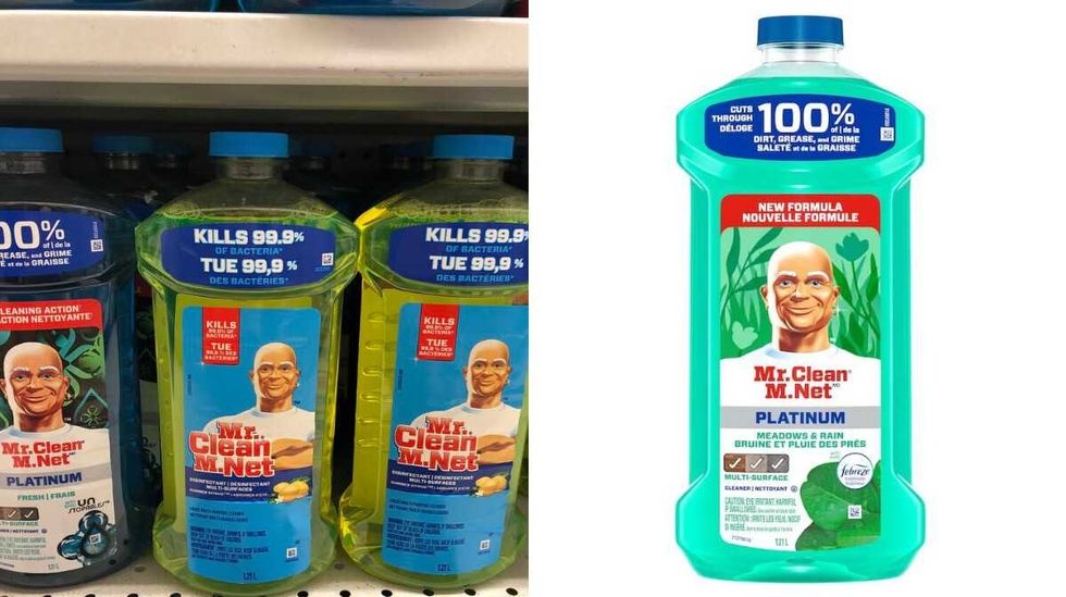 Bottles of liquid with a man crossing his arms on the front with text saying Mr. Clean on a store shelf. Right. A bottle of liquid with a man crossing his arms on the front with text saying Mr. Clean.